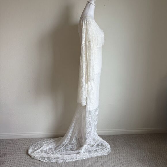Maternity Medium Lace Boho Flutter Bell Sleeve Maxi Dress Bridal Romantic Forest - Picture 3 of 16